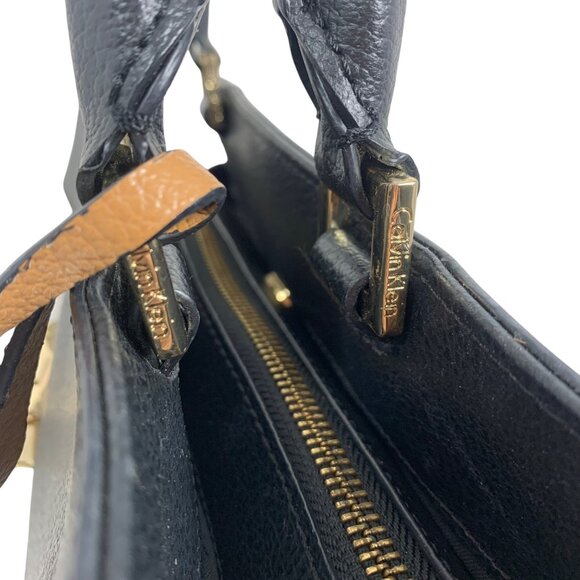 Calvin Klein Black Metallic Gold Tan Structured Satchel Buckle Lock Key EUC - Picture 6 of 16